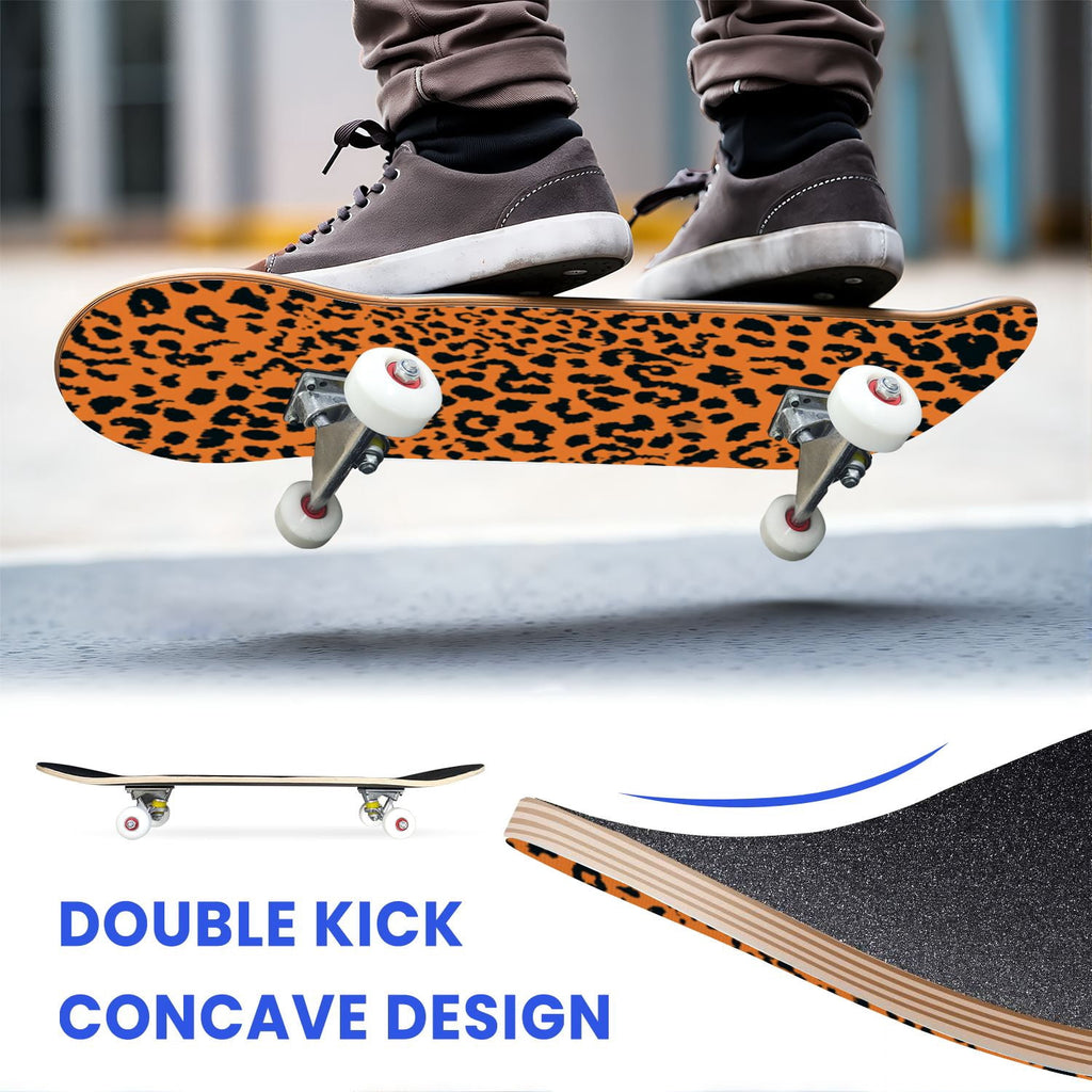 31"x8" Complete Skateboards for Beginners,Leopard Print Black Brown Beige Double Kick 7 Ply Canadian Maple Deck Skateboard with Wheels, Gifts for Kids Teens