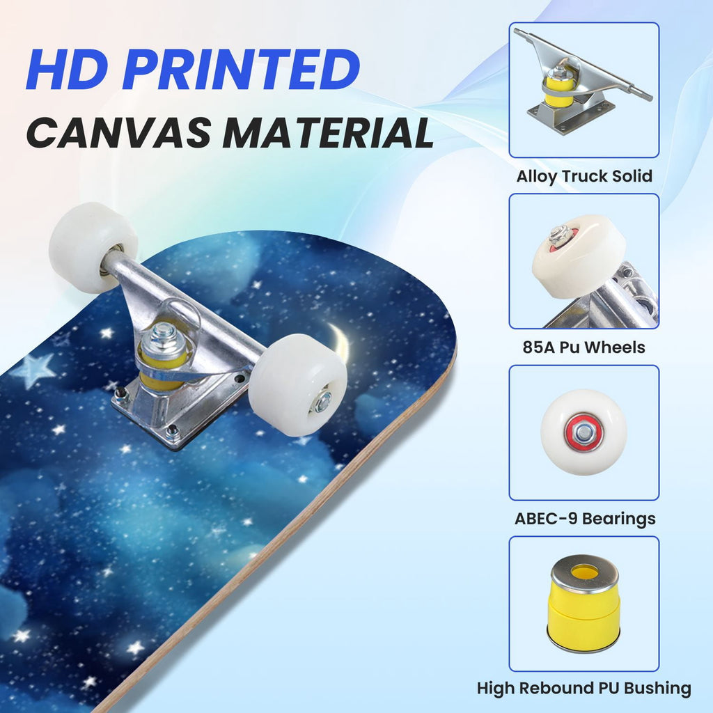 31"x8" Complete Skateboards for Beginners, Pastel Clouds Sparkles Dreamy Gradient Sky Summer Decor Double Kick 7 Ply Canadian Maple Deck Skateboard with Wheels, Gifts for Kids Teens