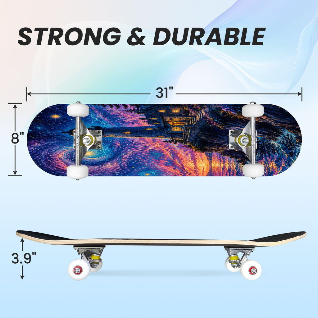 31"x8" Complete Skateboards for Beginners, Underwater Sharks Glowing Purple Jellyfish Marine Life Double Kick 7 Ply Canadian Maple Deck Skateboard with Wheels, Gifts for Kids Teens