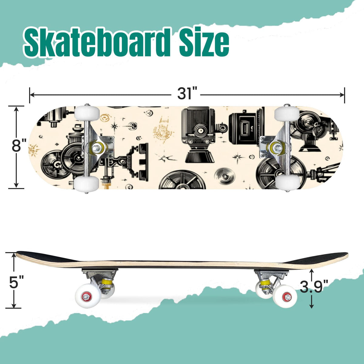 Vintage Movie Theater Classic Cinema 31" x 8" Complete Skateboard, 7-Ply Canadian Maple Double Kick Trick Board for Kids and Beginners Adult Gifts