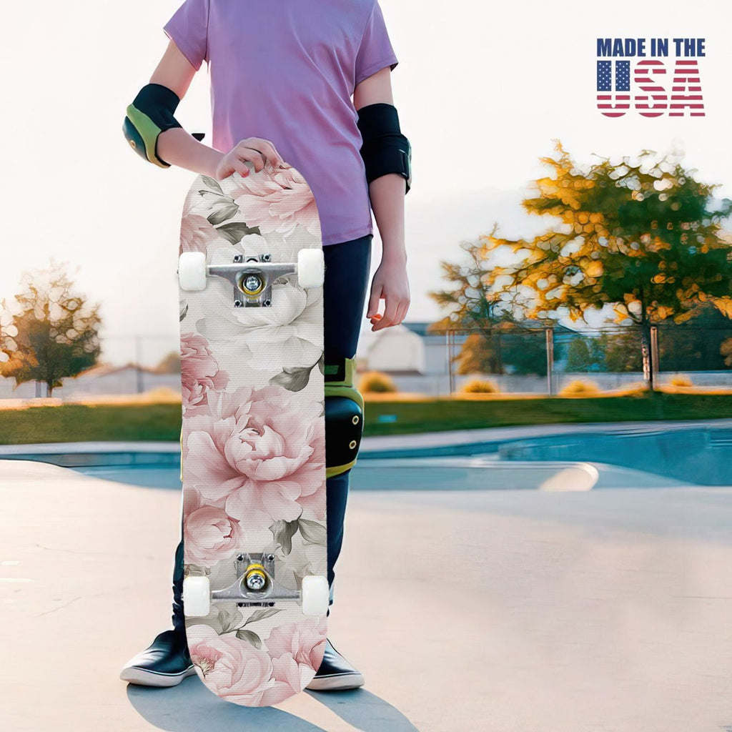 31"x8" Complete Skateboards for Beginners, Elegant Peony Floral Soft Pink White Tones Neutral Double Kick 7 Ply Canadian Maple Deck Skateboard with Wheels, Gifts for Kids Teens