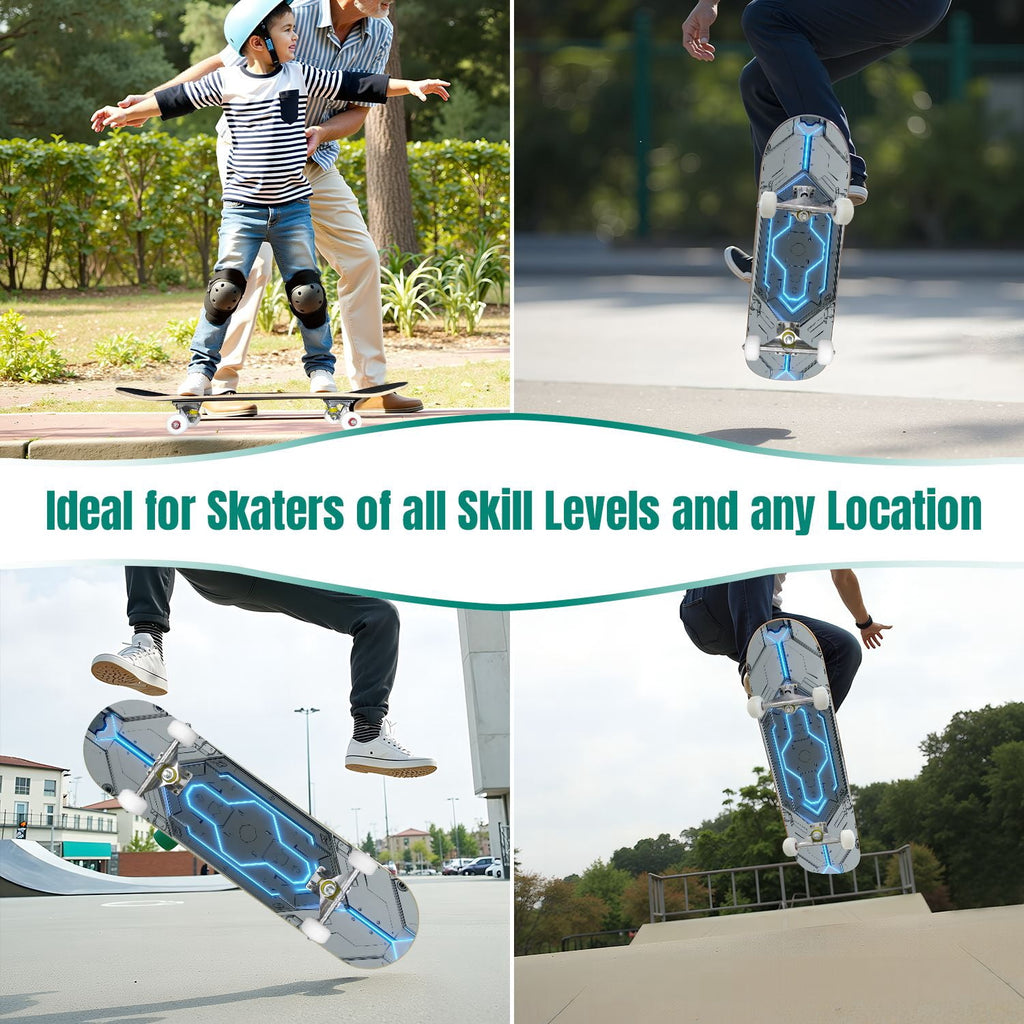 Futuristic Blue Abstract Technology Glowing Core 31" x 8" Complete Skateboard, 7-Ply Canadian Maple Double Kick Trick Board for Kids and Beginners Adult Gifts