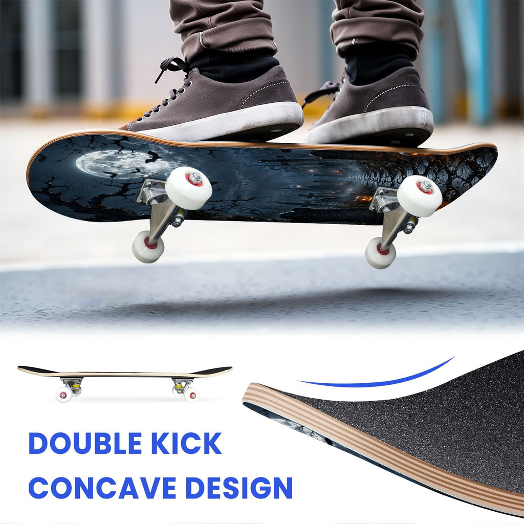 31"x8" Complete Skateboards for Beginners,Halloween Themed Pumpkins Witch Hats Spooky Double Kick 7 Ply Canadian Maple Deck Skateboard with Wheels, Gifts for Kids Teens