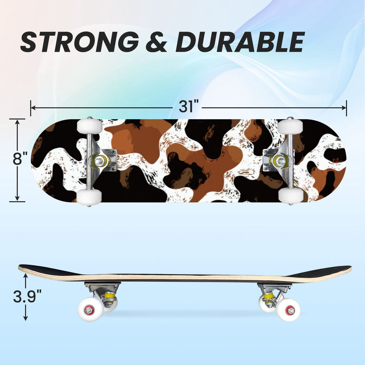 31"x8" Complete Skateboards for Beginners,Leopard Print Black Brown Beige Double Kick 7 Ply Canadian Maple Deck Skateboard with Wheels, Gifts for Kids Teens