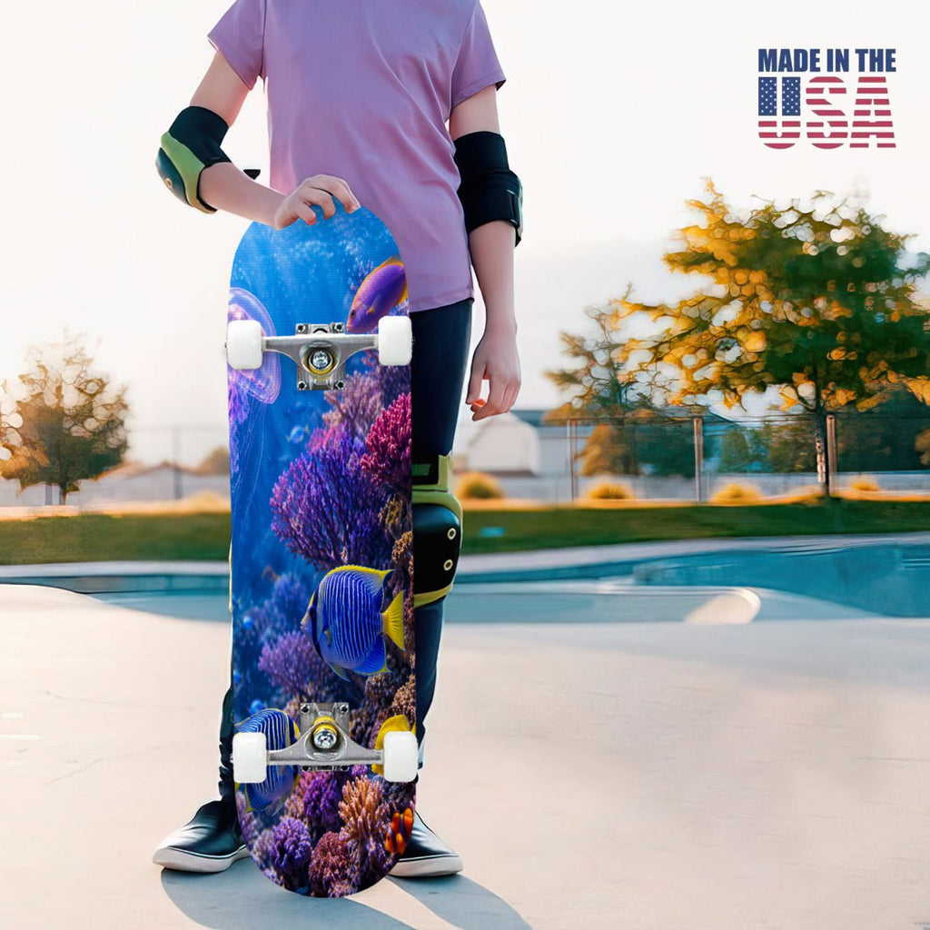 31"x8" Complete Skateboards for Beginners, Colorful Underwater Two Seahorses Coral Reefs Double Kick 7 Ply Canadian Maple Deck Skateboard with Wheels, Gifts for Kids Teens