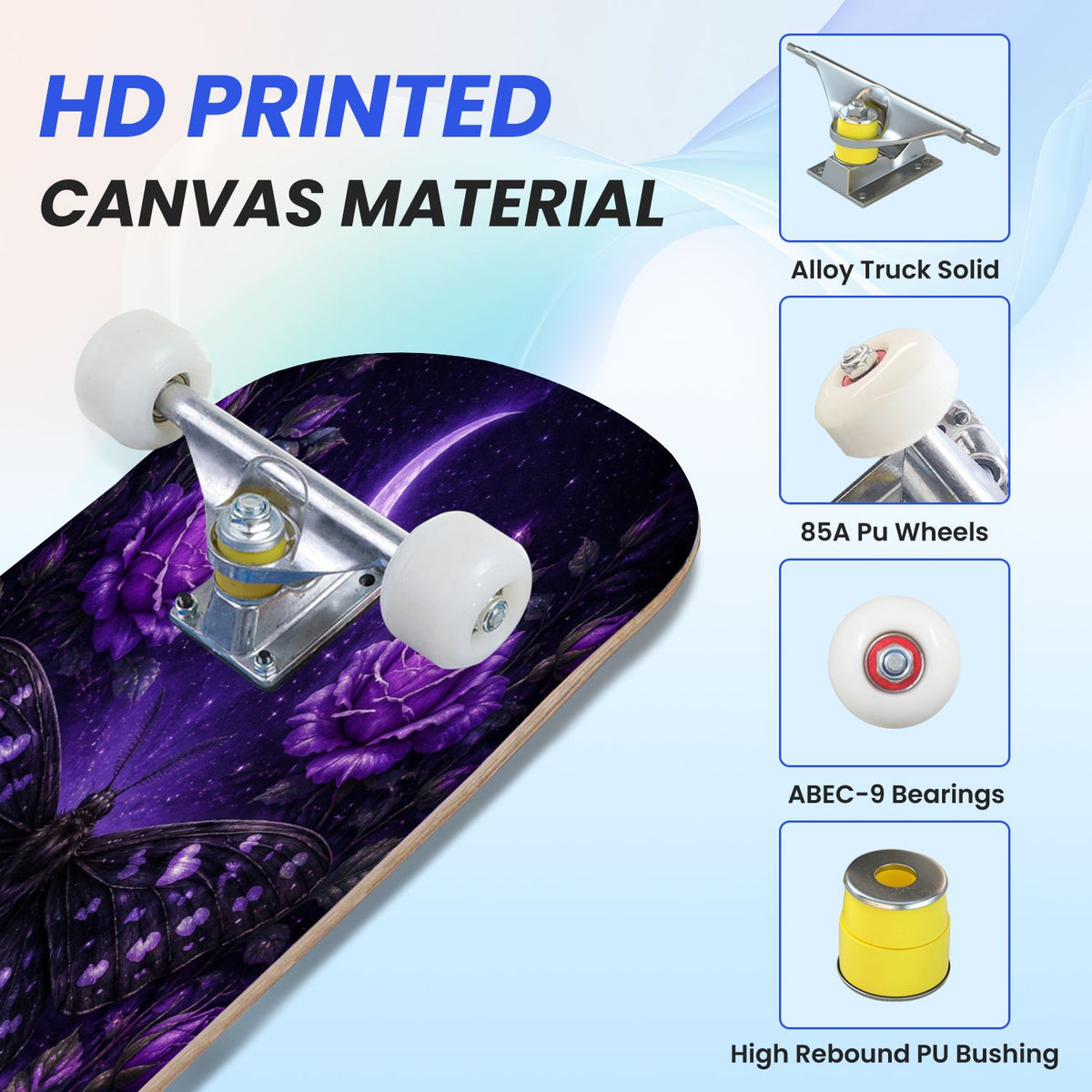 31"x8" Complete Skateboards for Beginners, Mystical Purple Butterfly Glowing Mushrooms Under Full Moon Double Kick 7 Ply Canadian Maple Deck Skateboard with Wheels, Gifts for Kids Teens