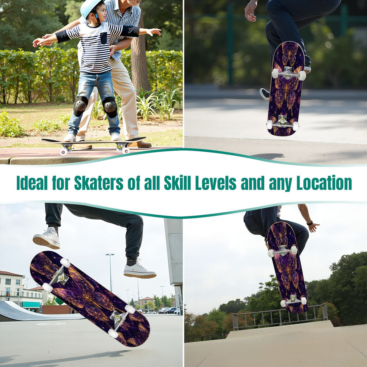 31"x8" Complete Skateboards for Beginners, Mystical Purple Butterfly Glowing Mushrooms Under Full Moon Double Kick 7 Ply Canadian Maple Deck Skateboard with Wheels, Gifts for Kids Teens