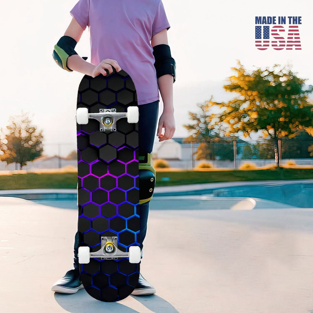31"x8" Complete Skateboards for Beginners,Geometric Hexagon Glowing Neon Blue Purple Double Kick 7 Ply Canadian Maple Deck Skateboard with Wheels, Gifts for Kids Teens