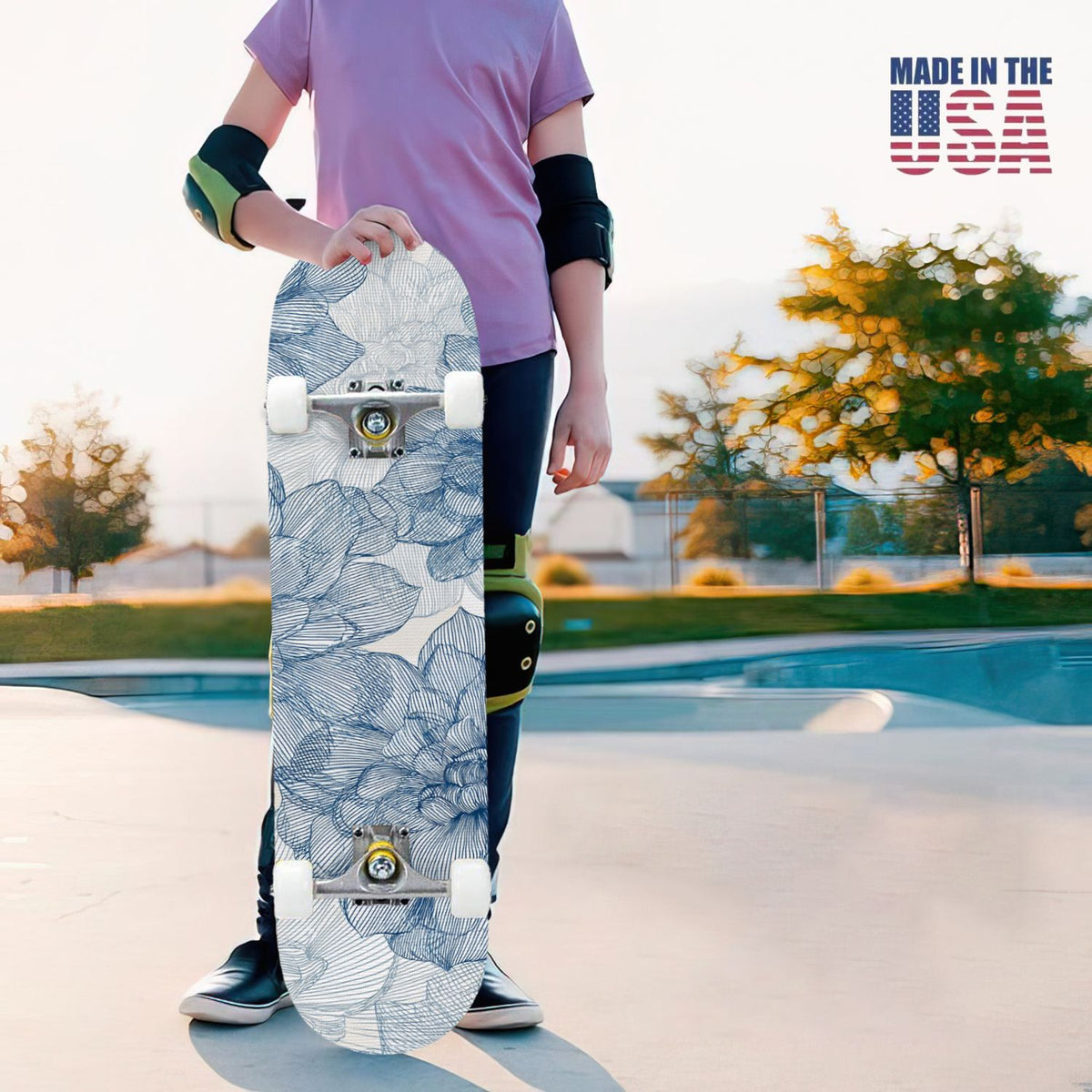 31"x8" Complete Skateboards for Beginners, Elegant Floral Pink Roses Blue Butterflies Double Kick 7 Ply Canadian Maple Deck Skateboard with Wheels, Gifts for Kids Teens