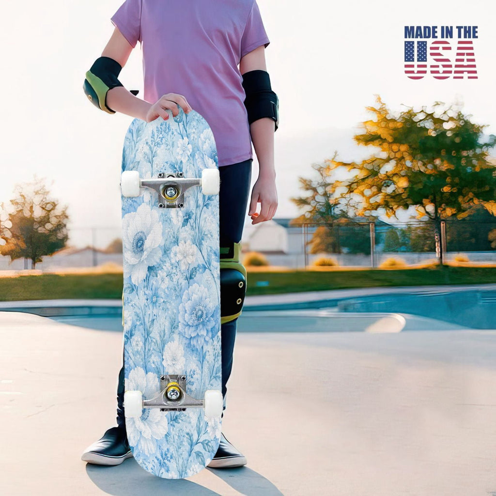 31"x8" Complete Skateboards for Beginners,Blue White Vintage Floral Roses Ornate Swirls Double Kick 7 Ply Canadian Maple Deck Skateboard with Wheels, Gifts for Kids Teens