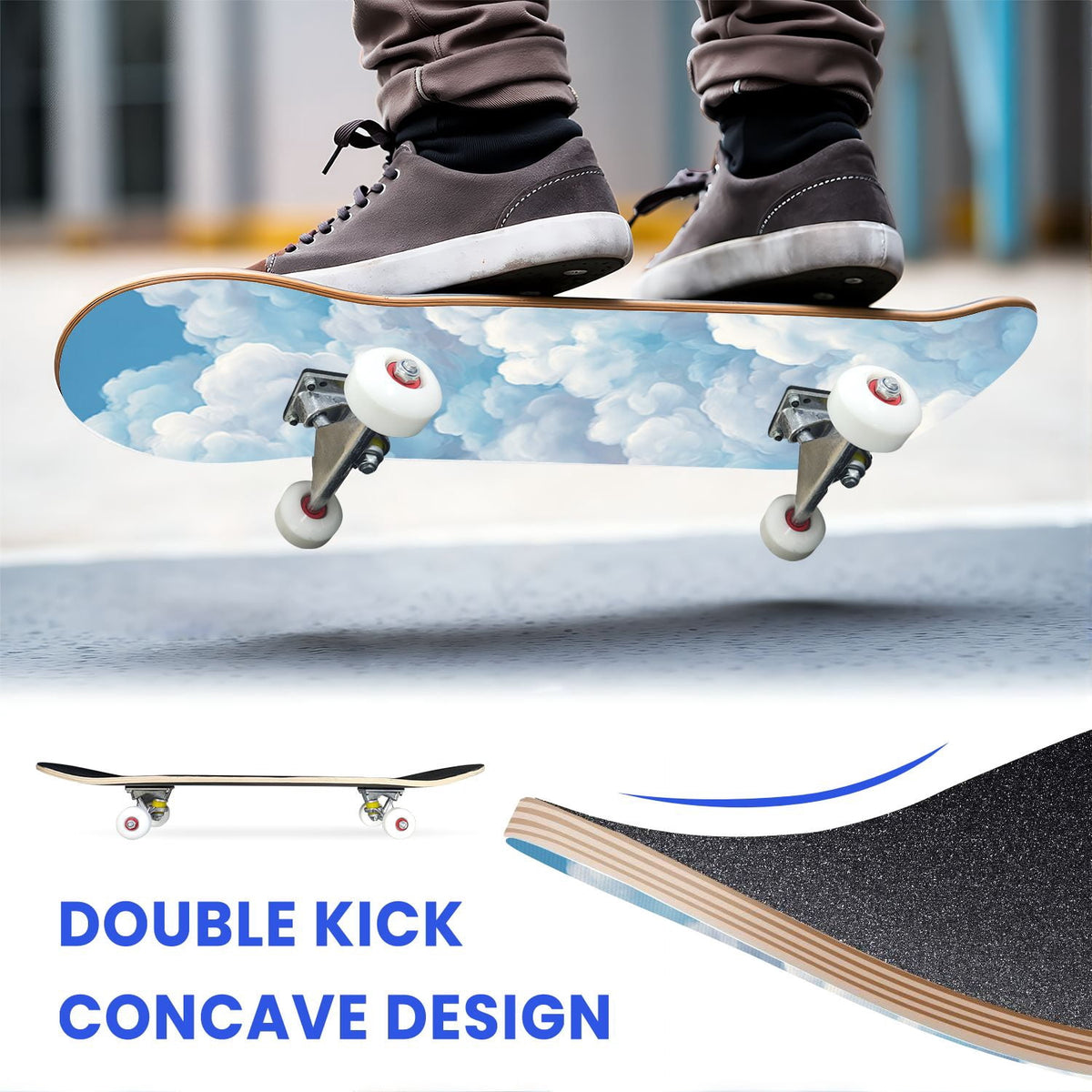 31"x8" Complete Skateboards for Beginners, Cute Light Blue Sky Cartoon Summer Decor Double Kick 7 Ply Canadian Maple Deck Skateboard with Wheels, Gifts for Kids Teens