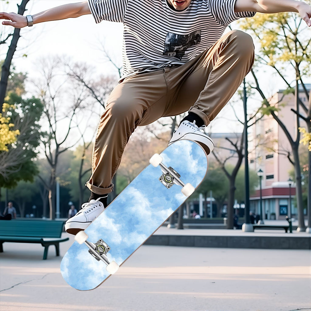 31"x8" Complete Skateboards for Beginners, Pastel Sky Fluffy Clouds Pink Purple Blue Summer Decor Double Kick 7 Ply Canadian Maple Deck Skateboard with Wheels, Gifts for Kids Teens