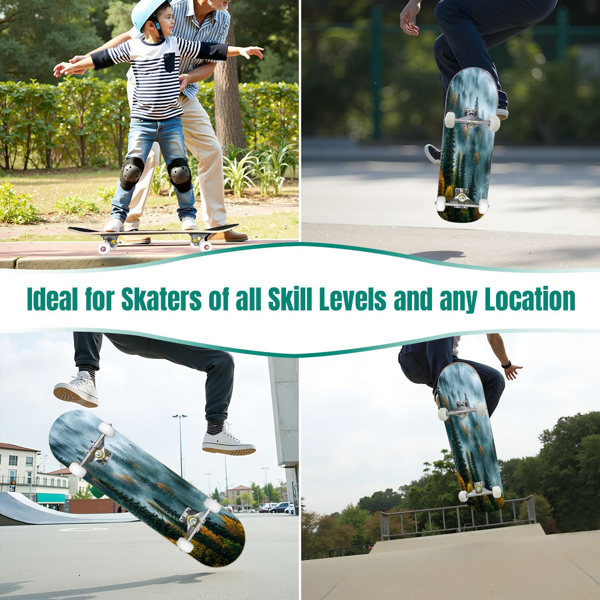 Forest Tree Wood Green Pine Trees Autumn Leaves Fog Misty 31" x 8" Complete Skateboard, 7-Ply Canadian Maple Double Kick Trick Board for Kids and Beginners Adult Gifts