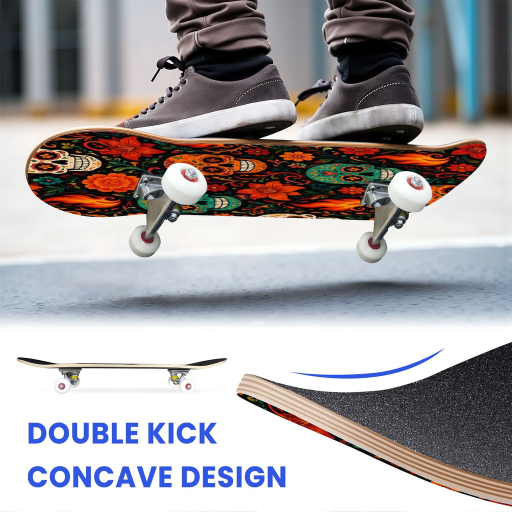 31"x8" Complete Skateboards for Beginners, Colorful Sugar Skulls Floral Patterns Mexican Double Kick 7 Ply Canadian Maple Deck Skateboard with Wheels, Gifts for Kids Teens