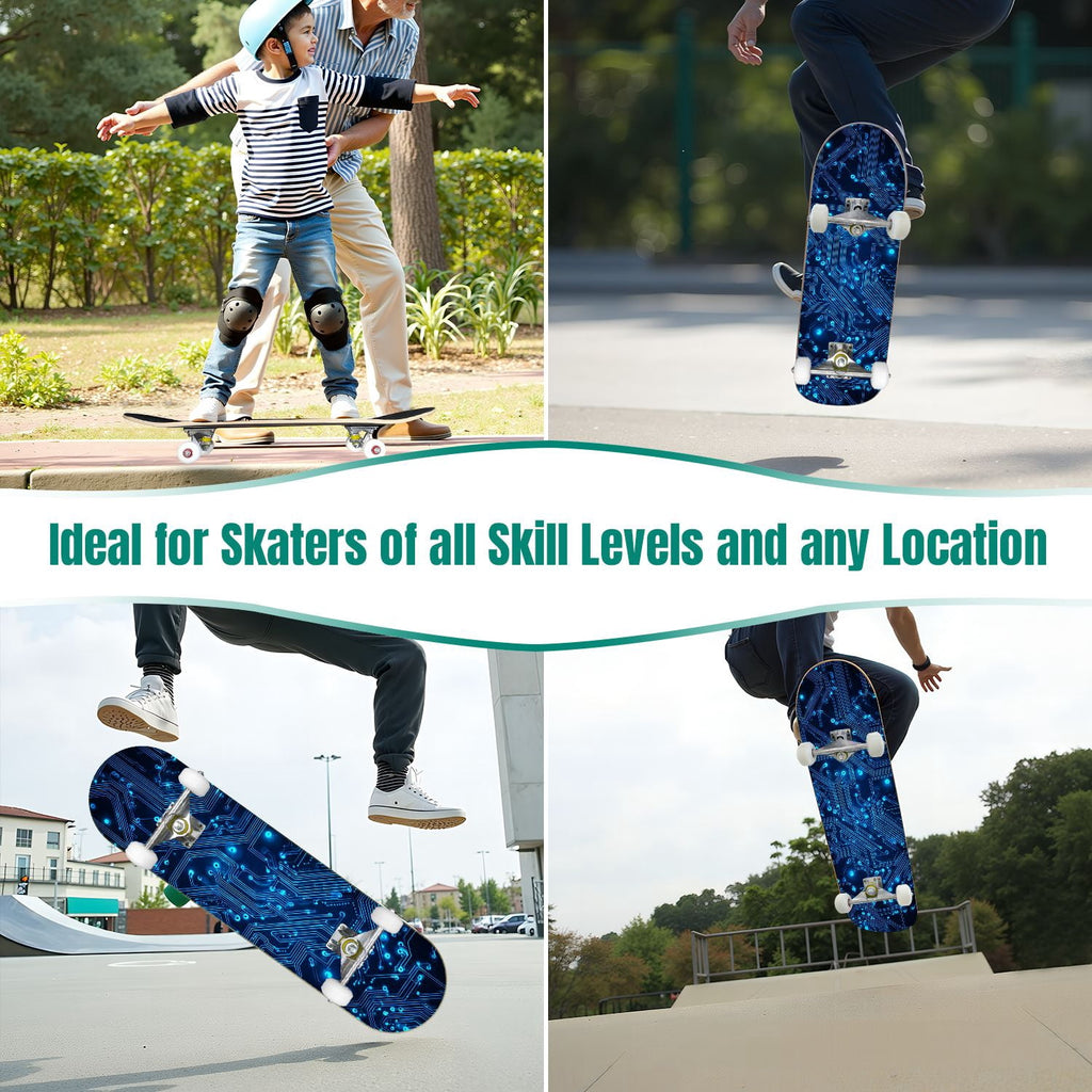 Futuristic Blue Abstract Technology Glowing Core 31" x 8" Complete Skateboard, 7-Ply Canadian Maple Double Kick Trick Board for Kids and Beginners Adult Gifts