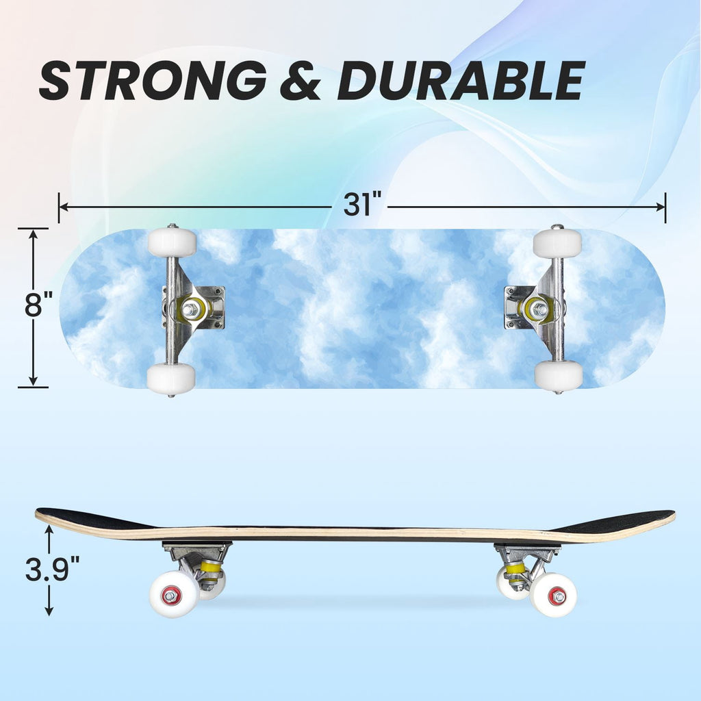 31"x8" Complete Skateboards for Beginners, Pastel Sky Fluffy Clouds Pink Purple Blue Summer Decor Double Kick 7 Ply Canadian Maple Deck Skateboard with Wheels, Gifts for Kids Teens