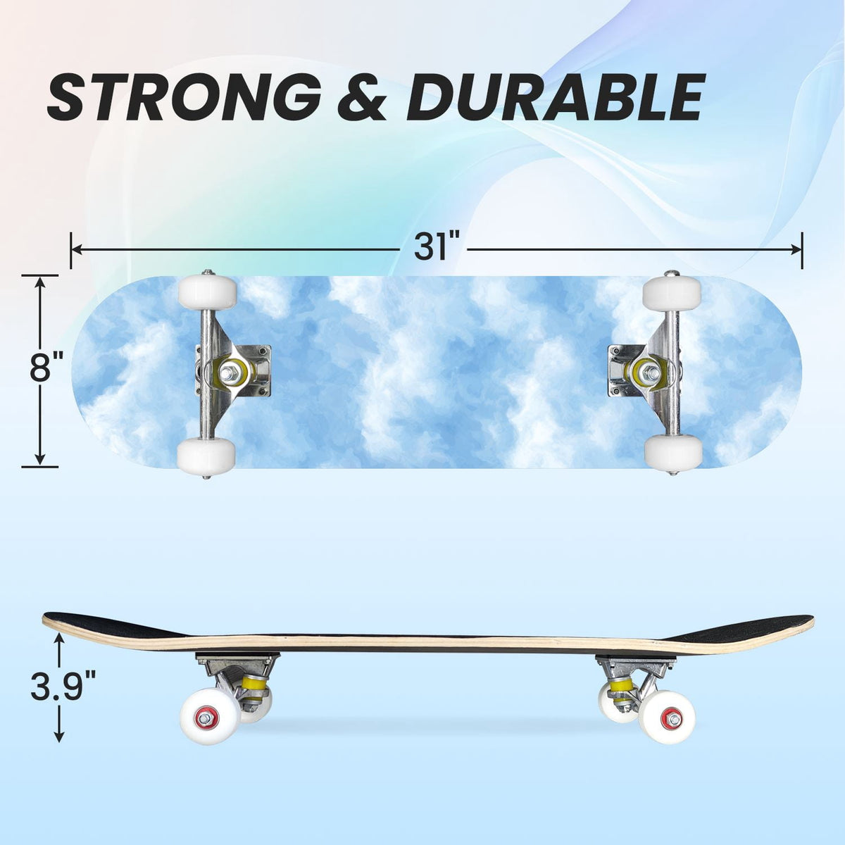 31"x8" Complete Skateboards for Beginners, Pastel Sky Fluffy Clouds Pink Purple Blue Summer Decor Double Kick 7 Ply Canadian Maple Deck Skateboard with Wheels, Gifts for Kids Teens