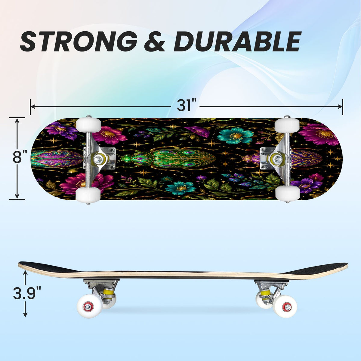 31"x8" Complete Skateboards for Beginners, Colorful Mushroom Floral Magical Night Forest Vintage Double Kick 7 Ply Canadian Maple Deck Skateboard with Wheels, Gifts for Kids Teens