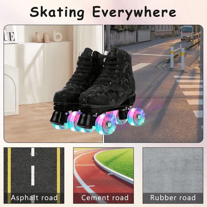 JieC Roller Skates, Adjustable Roller Skates with Glowing Wheels, for Girls, Teenagers, Black (Women‘s 9.5 / Men‘s 8.5)