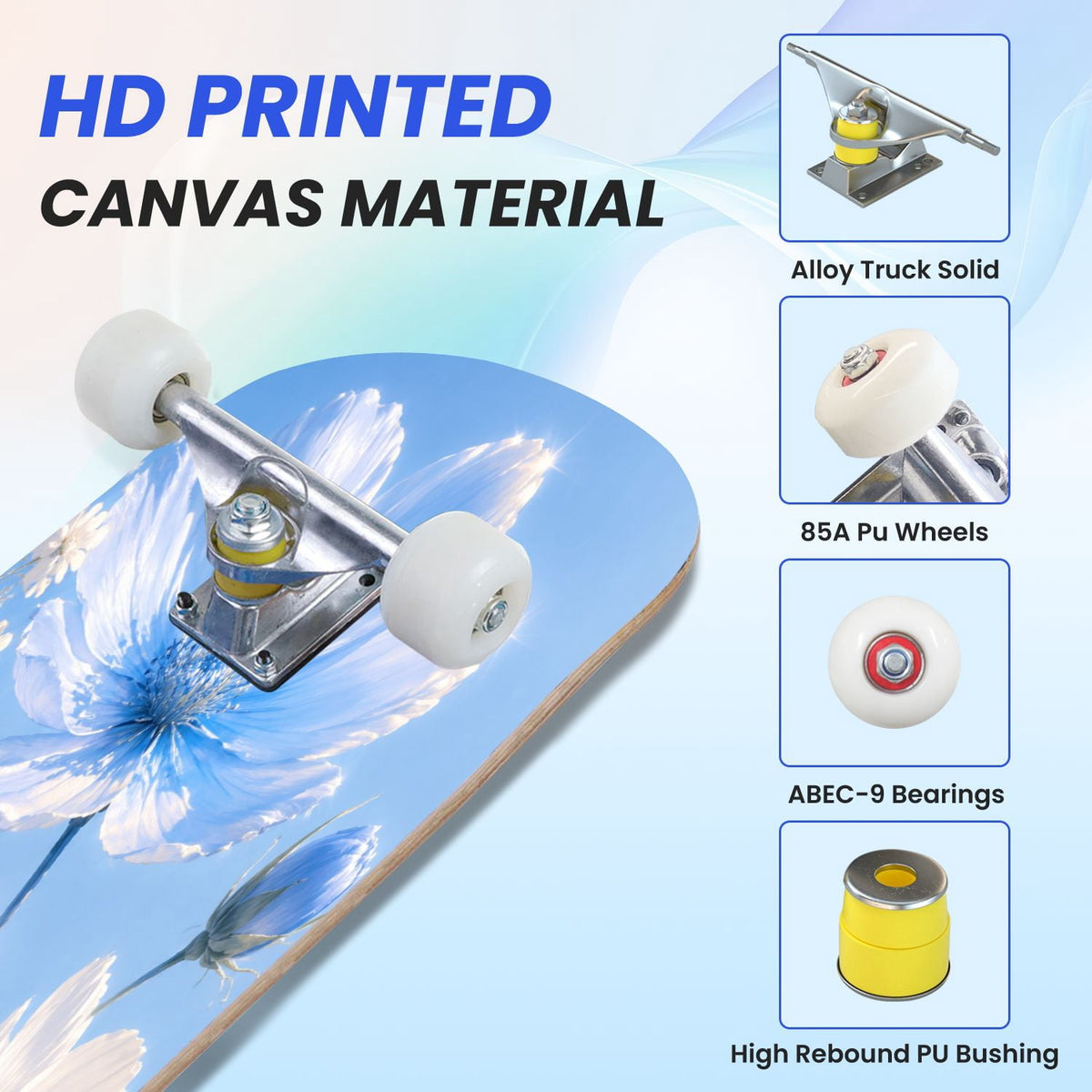 31"x8" Complete Skateboards for Beginners,Elegant White Blue Flowers Soft Petals Dreamy Artistic Double Kick 7 Ply Canadian Maple Deck Skateboard with Wheels, Gifts for Kids Teens