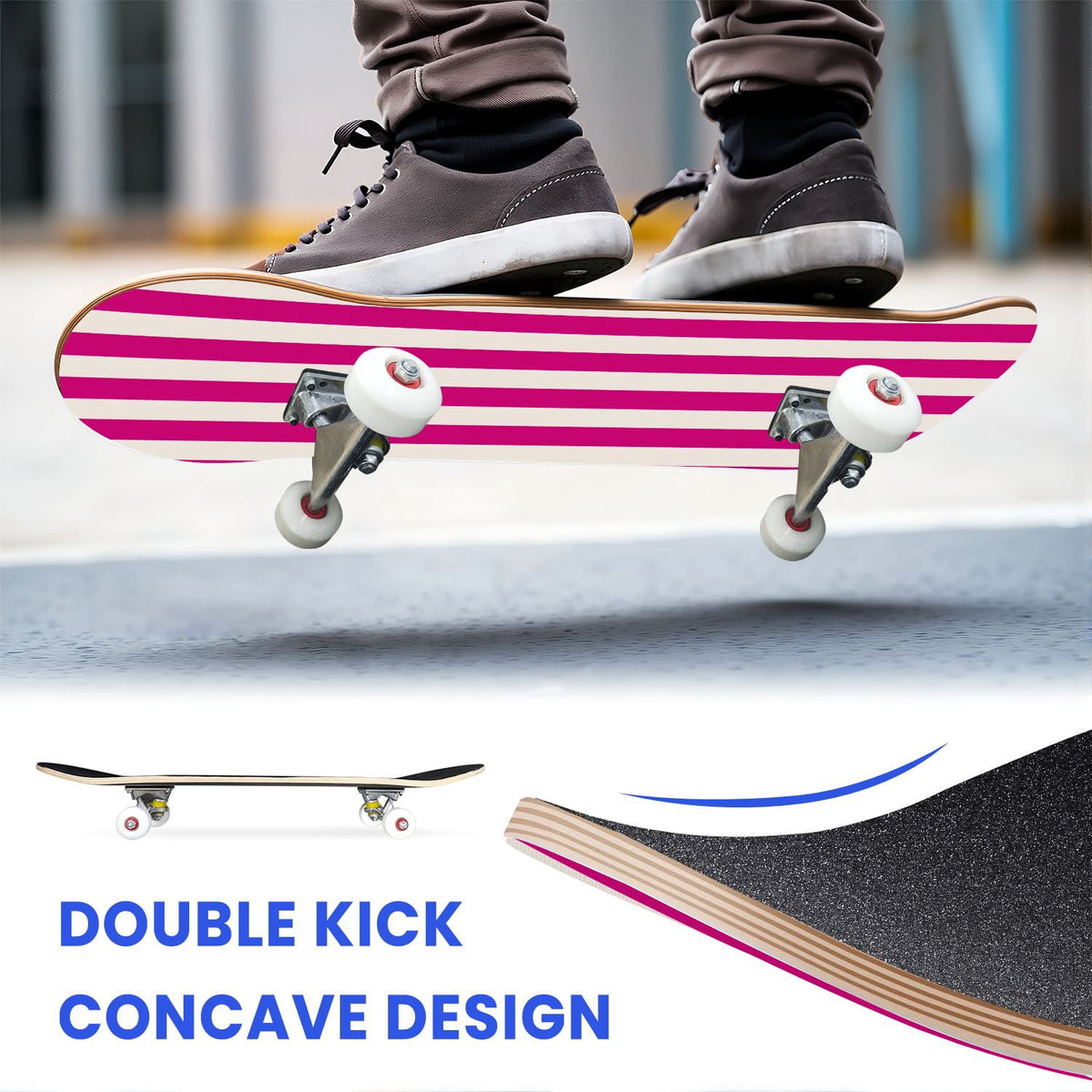 31"x8" Complete Skateboards for Beginners,Vibrant Diagonal Rainbow Gradient Abstract Art Double Kick 7 Ply Canadian Maple Deck Skateboard with Wheels, Gifts for Kids Teens
