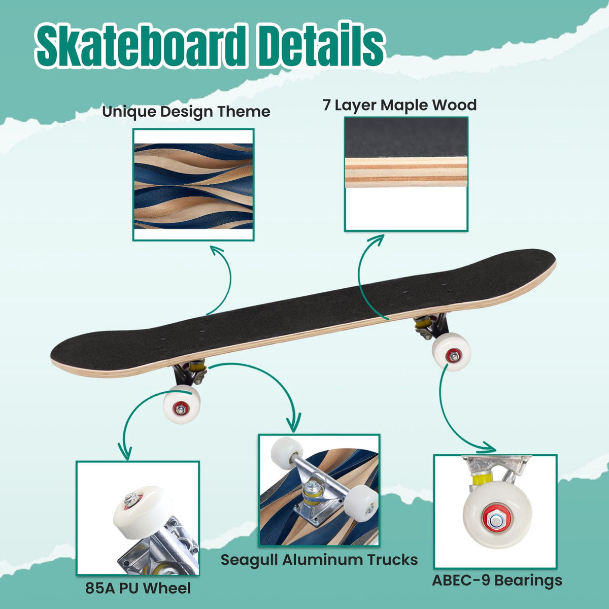 Forest Tree Wood Green Pine Trees Autumn Leaves Fog Misty 31" x 8" Complete Skateboard, 7-Ply Canadian Maple Double Kick Trick Board for Kids and Beginners Adult Gifts
