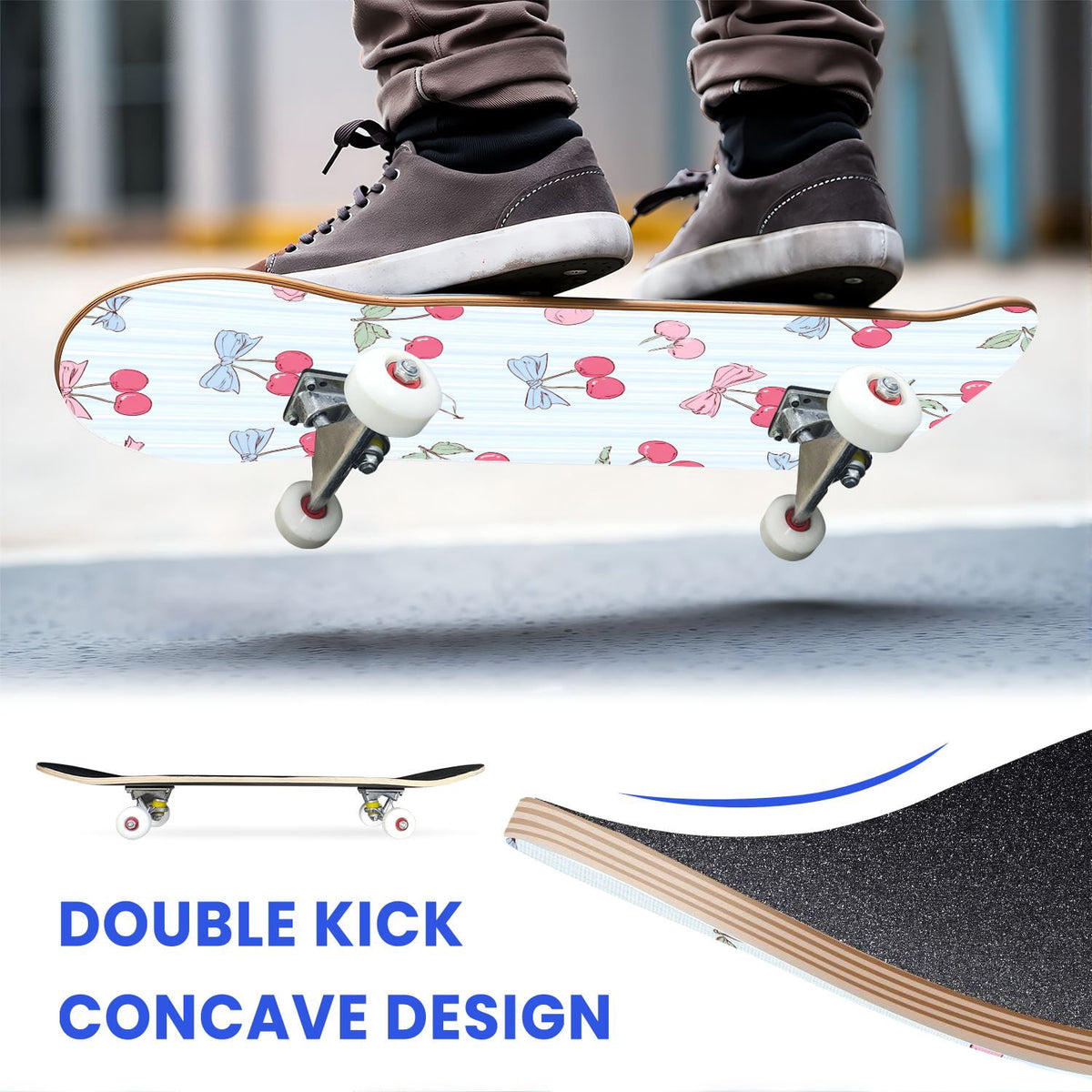 31"x8" Complete Skateboards for Beginners,Watercolor Watermelon Slices Pink Striped Double Kick 7 Ply Canadian Maple Deck Skateboard with Wheels, Gifts for Kids Teens
