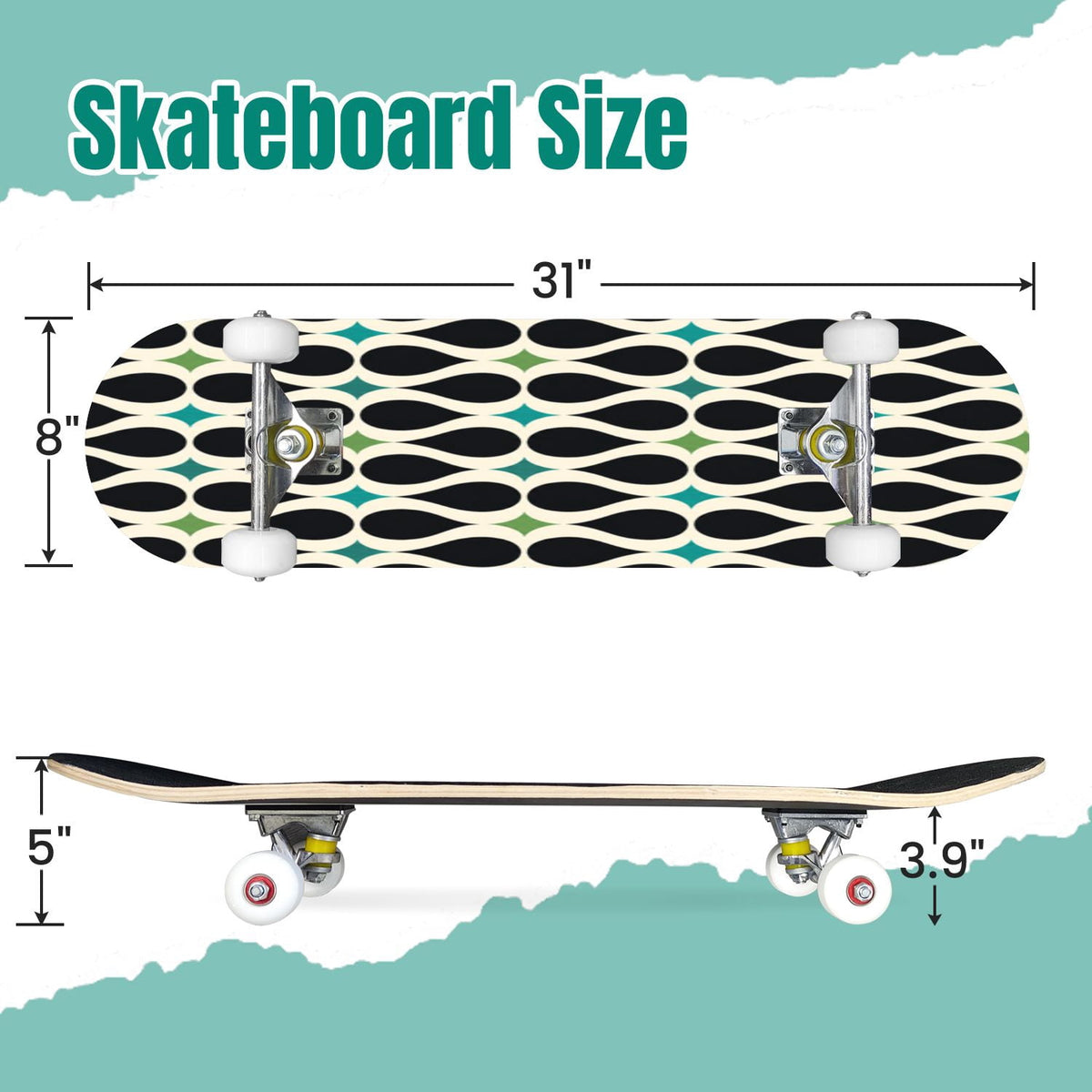 White Birch Tree Bark Natural Knots Horizontal Lines 31" x 8" Complete Skateboard, 7-Ply Canadian Maple Double Kick Trick Board for Kids and Beginners Adult Gifts