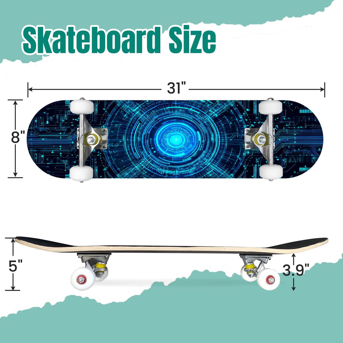 Futuristic Blue Abstract Technology Glowing Core 31" x 8" Complete Skateboard, 7-Ply Canadian Maple Double Kick Trick Board for Kids and Beginners Adult Gifts
