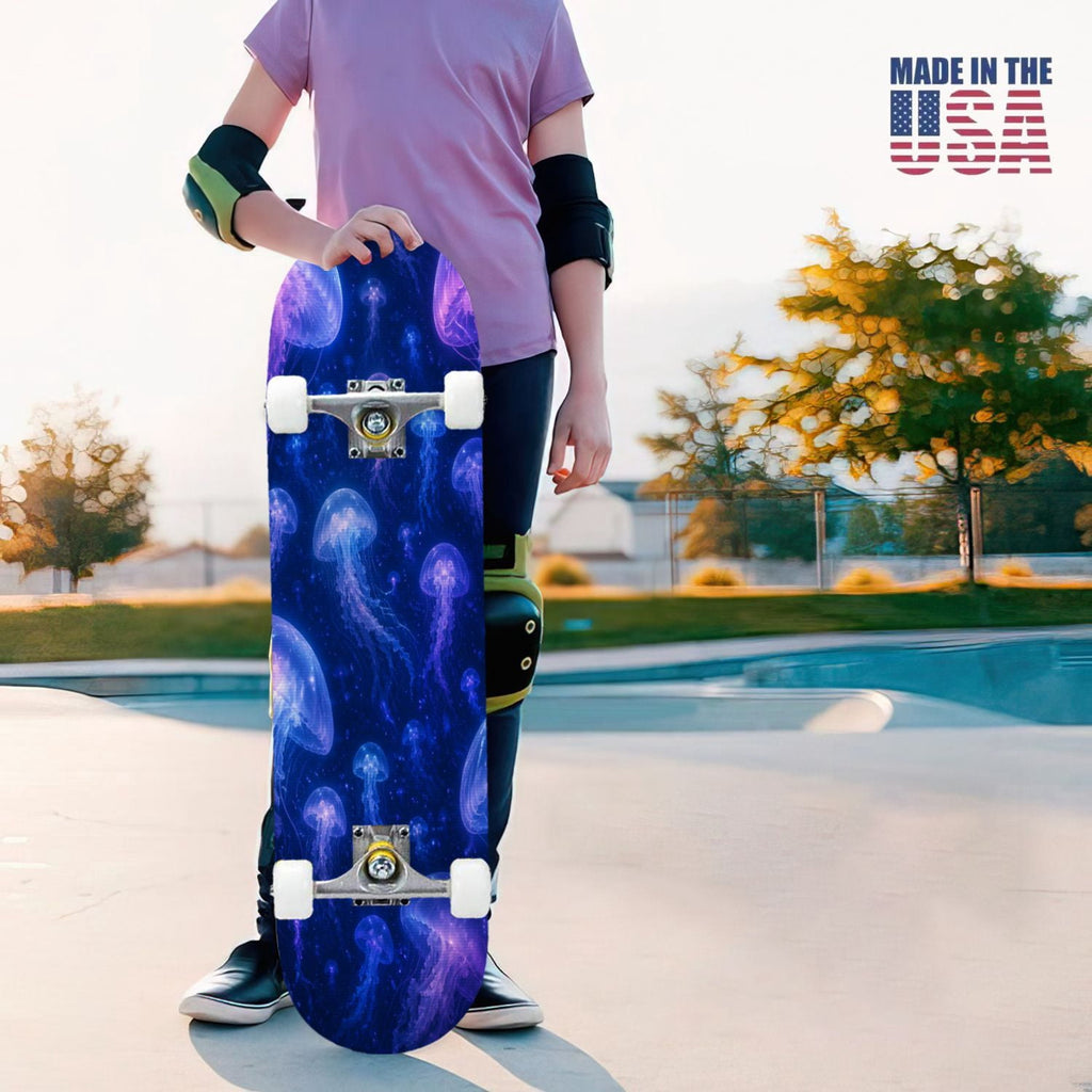 31"x8" Complete Skateboards for Beginners, Seashell Starfish Blue White Nautical Marine Life Double Kick 7 Ply Canadian Maple Deck Skateboard with Wheels, Gifts for Kids Teens