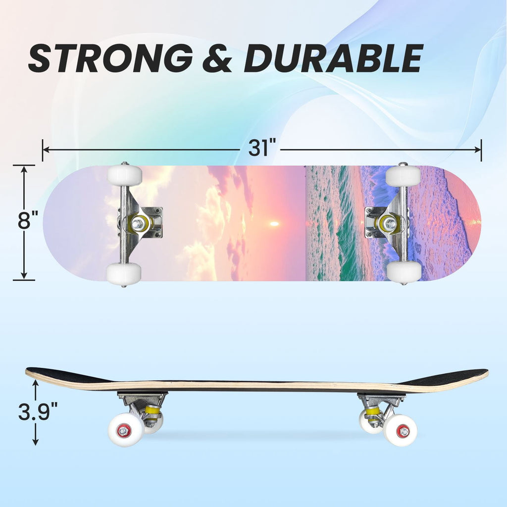 31"x8" Complete Skateboards for Beginners, Cherry Blossom Red Cherry Seamless Pink Botanical Double Kick 7 Ply Canadian Maple Deck Skateboard with Wheels, Gifts for Girls Teens