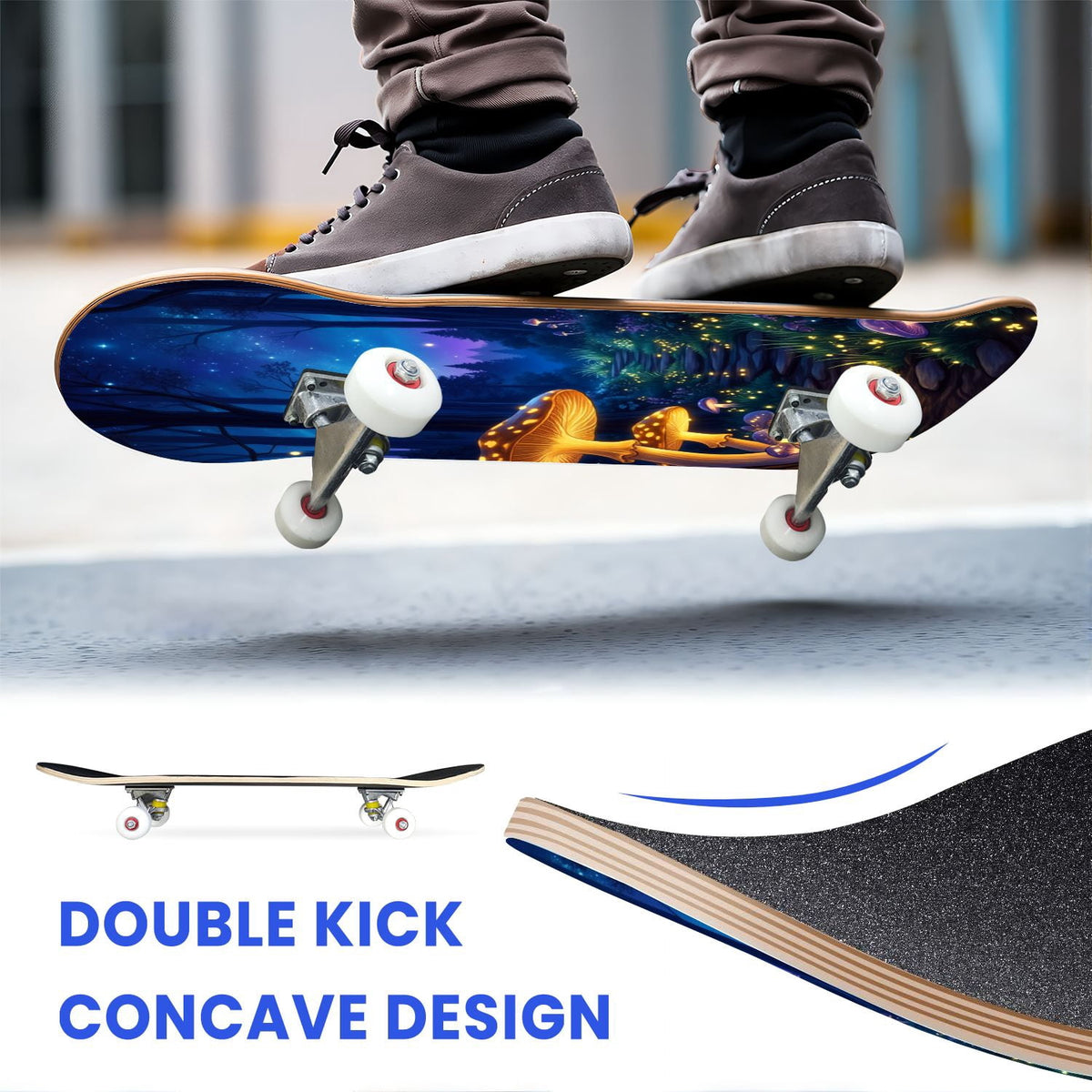 31"x8" Complete Skateboards for Beginners, Magical Forest Glowing Mushrooms Twinkling Fantasy Double Kick 7 Ply Canadian Maple Deck Skateboard with Wheels, Gifts for Kids Teens