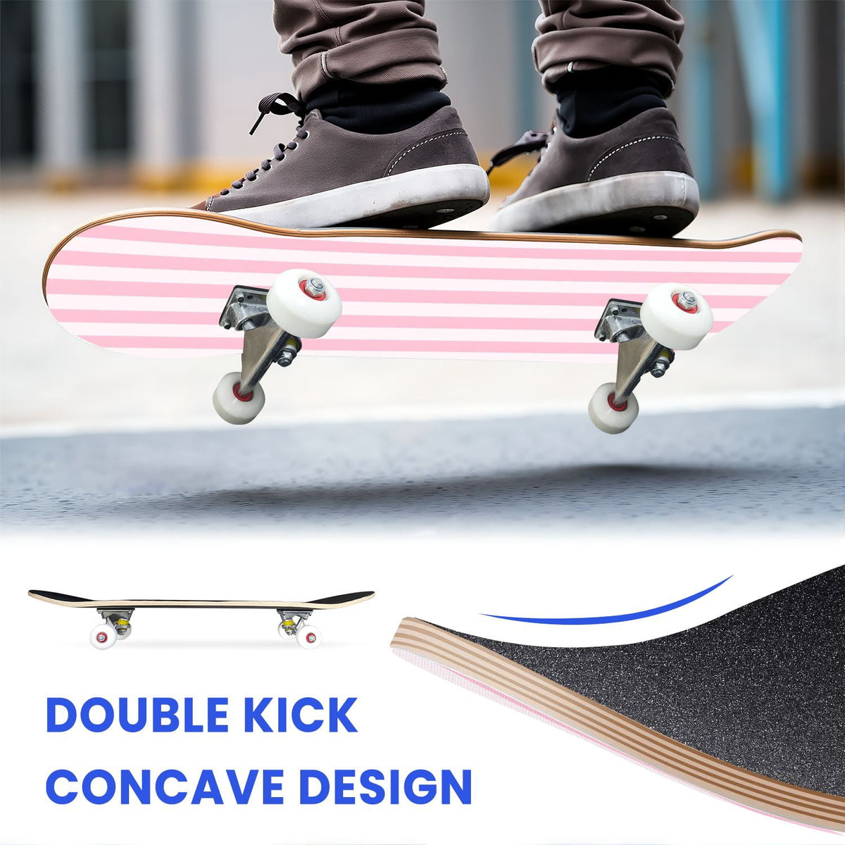 31"x8" Complete Skateboards for Beginners,Vibrant Diagonal Rainbow Gradient Abstract Art Double Kick 7 Ply Canadian Maple Deck Skateboard with Wheels, Gifts for Kids Teens