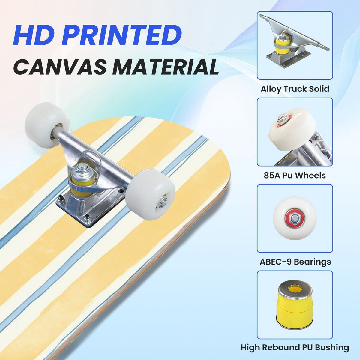 31"x8" Complete Skateboards for Beginners,Watercolor Watermelon Slices Pink Striped Double Kick 7 Ply Canadian Maple Deck Skateboard with Wheels, Gifts for Kids Teens
