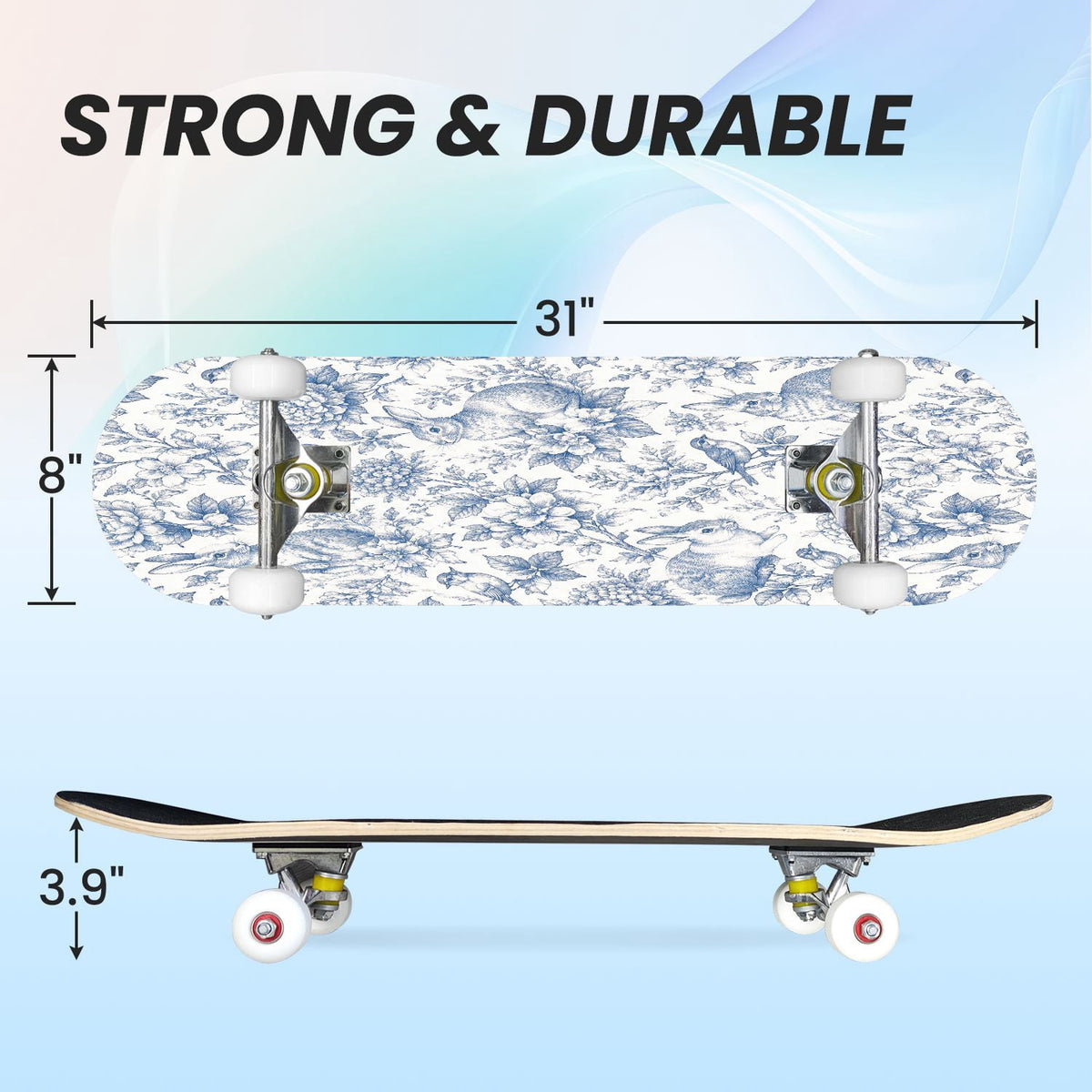 31"x8" Complete Skateboards for Beginners,Blue Flowers Crystals Seamless Watercolor Double Kick 7 Ply Canadian Maple Deck Skateboard with Wheels, Gifts for Kids Teens