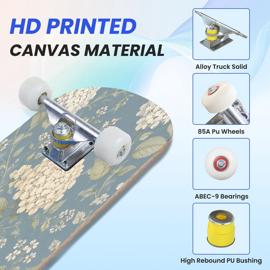 31"x8" Complete Skateboards for Beginners,Blue Flowers Crystals Seamless Watercolor Double Kick 7 Ply Canadian Maple Deck Skateboard with Wheels, Gifts for Kids Teens