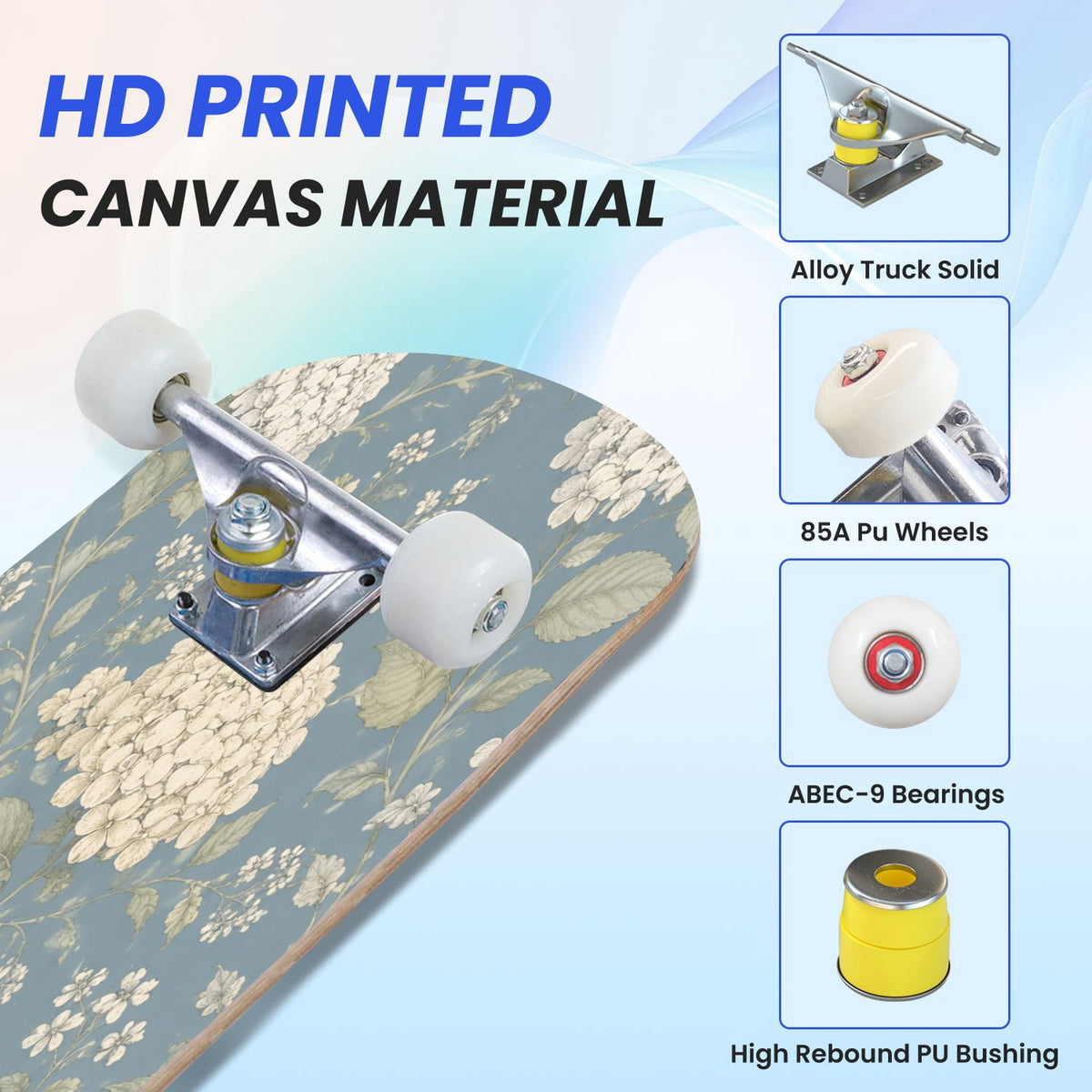 31"x8" Complete Skateboards for Beginners,Blue White Toile Rabbits Birds Floral Motifs Double Kick 7 Ply Canadian Maple Deck Skateboard with Wheels, Gifts for Kids Teens