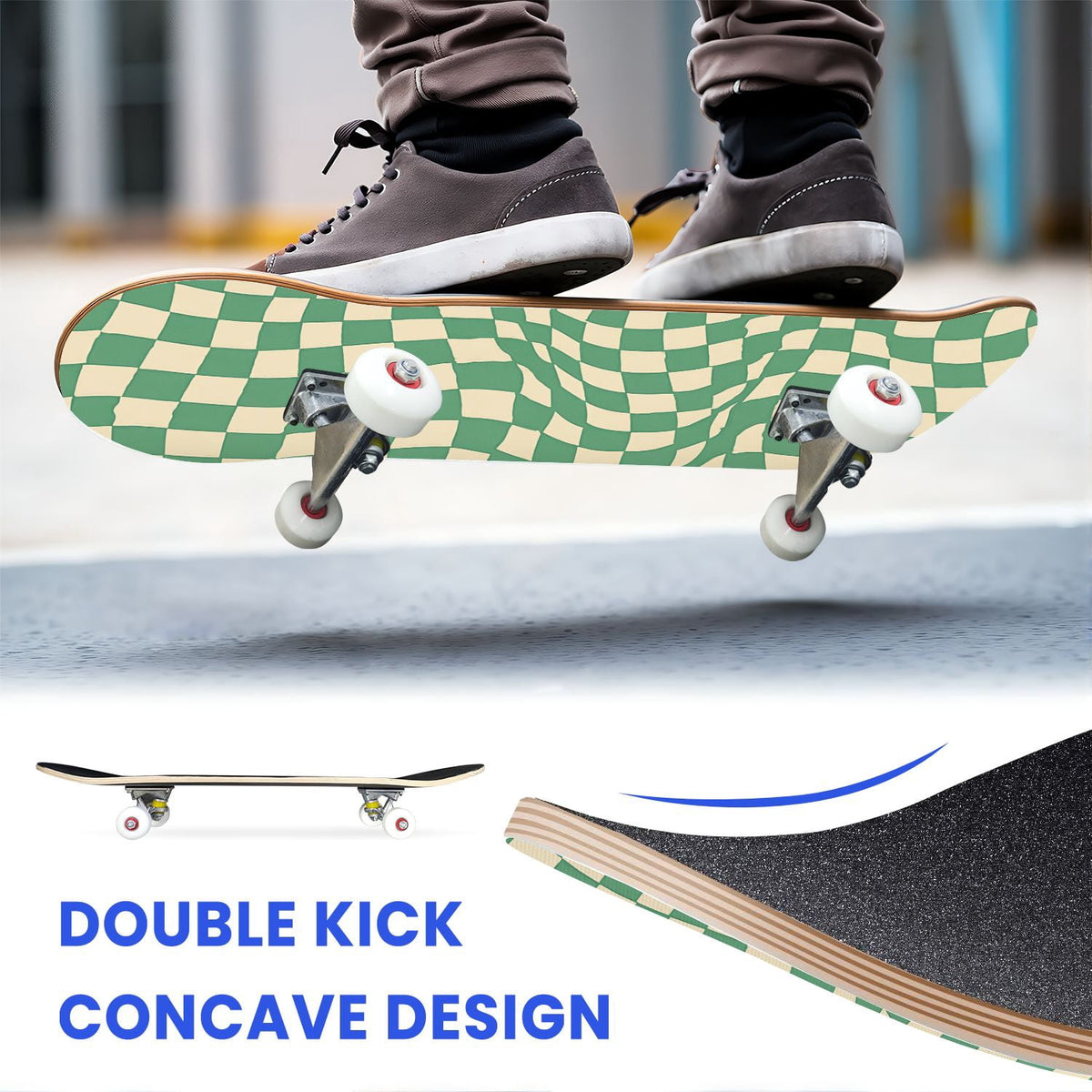 31"x8" Complete Skateboards for Beginners,Colorful Geometric Tile Multicolored Squares Double Kick 7 Ply Canadian Maple Deck Skateboard with Wheels, Gifts for Kids Teens