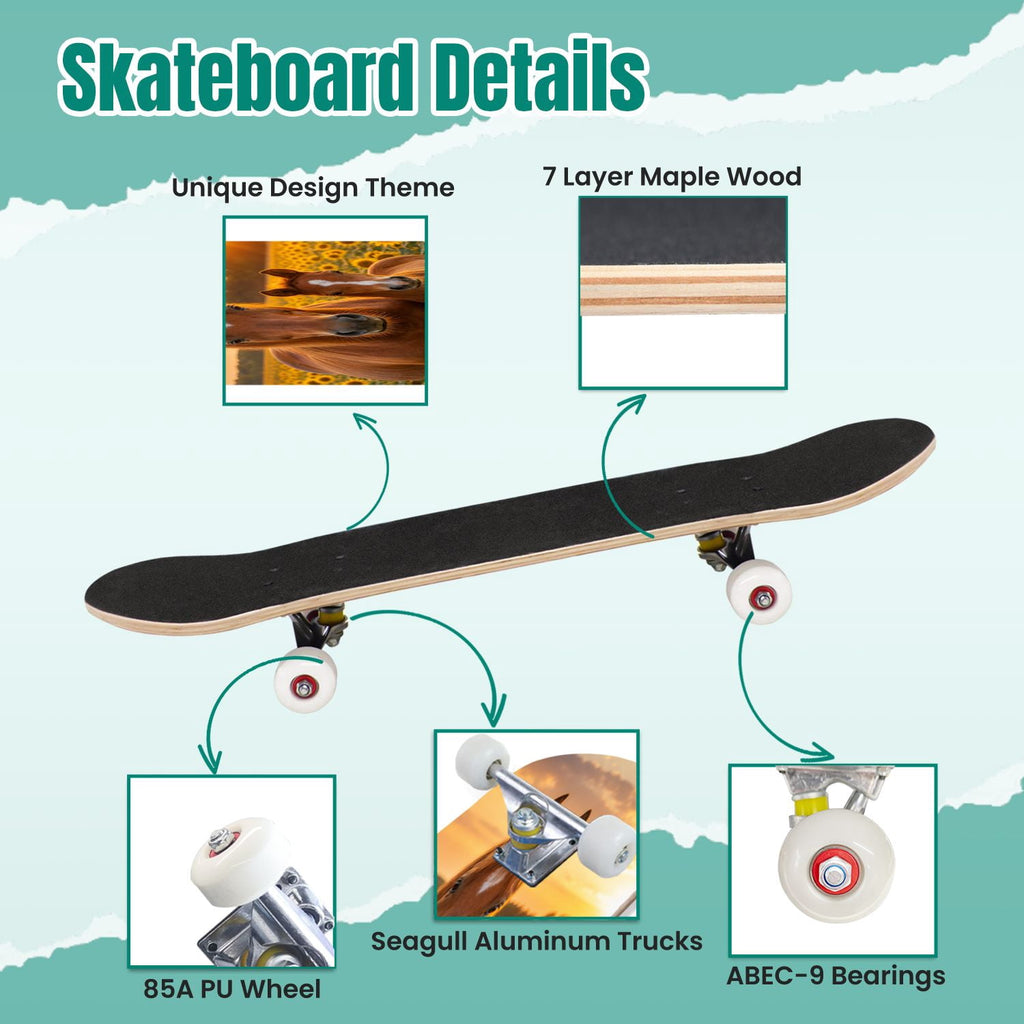 Rose Teal Rose Painting Turquoise Blue Flower Kitchen Decor 31" x 8" Complete Skateboard, 7-Ply Canadian Maple Double Kick Trick Board for Kids and Beginners Adult Gifts