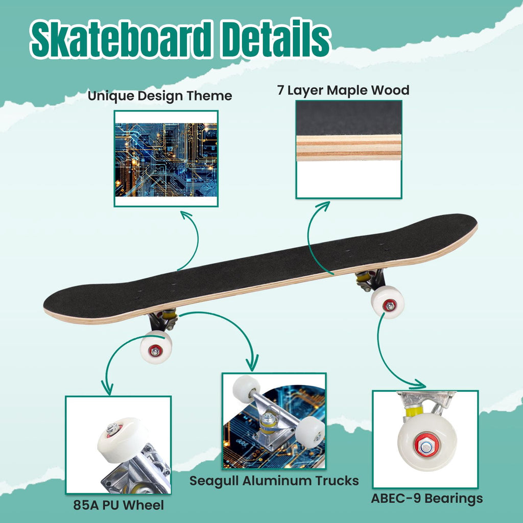Futuristic Blue Abstract Technology Glowing Core 31" x 8" Complete Skateboard, 7-Ply Canadian Maple Double Kick Trick Board for Kids and Beginners Adult Gifts
