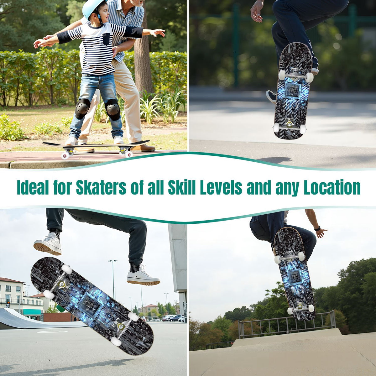 Futuristic Blue Abstract Technology Glowing Core 31" x 8" Complete Skateboard, 7-Ply Canadian Maple Double Kick Trick Board for Kids and Beginners Adult Gifts