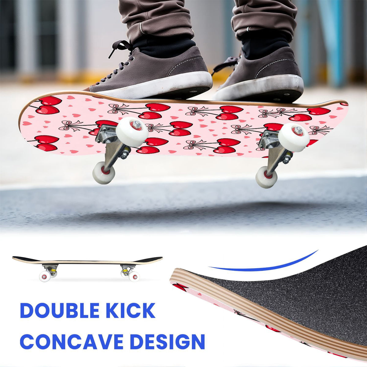 31"x8" Complete Skateboards for Beginners, Abstract Black Hexagon Honeycomb Glowing Blue Neon Geometric Double Kick 7 Ply Canadian Maple Deck Skateboard with Wheels, Gifts for Kids Teens