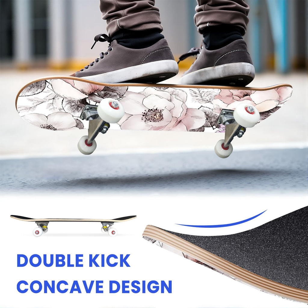 31"x8" Complete Skateboards for Beginners, Elegant Peony Floral Soft Pink White Tones Neutral Double Kick 7 Ply Canadian Maple Deck Skateboard with Wheels, Gifts for Kids Teens