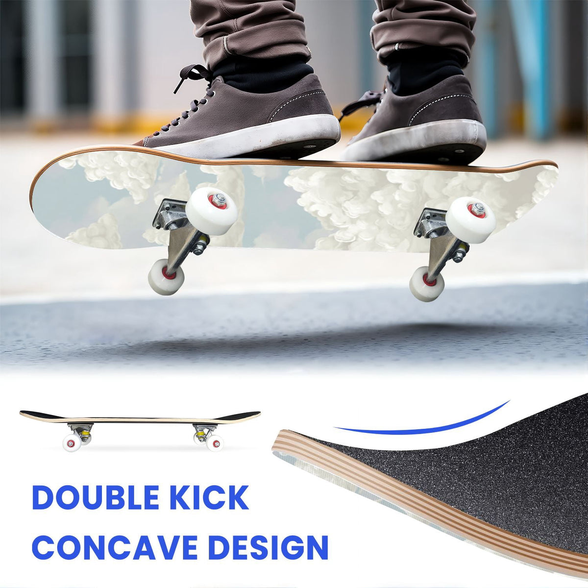 31"x8" Complete Skateboards for Beginners, Cute Light Blue Sky Cartoon Summer Decor Double Kick 7 Ply Canadian Maple Deck Skateboard with Wheels, Gifts for Kids Teens