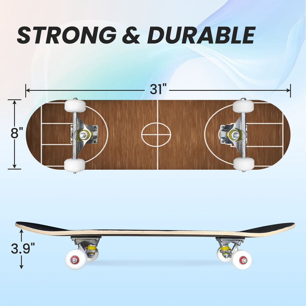 31"x8" Complete Skateboards for Beginners,Vintage Baseball Worn Red Stitches Rustic Double Kick 7 Ply Canadian Maple Deck Skateboard with Wheels, Sports Gifts for Kids Teens