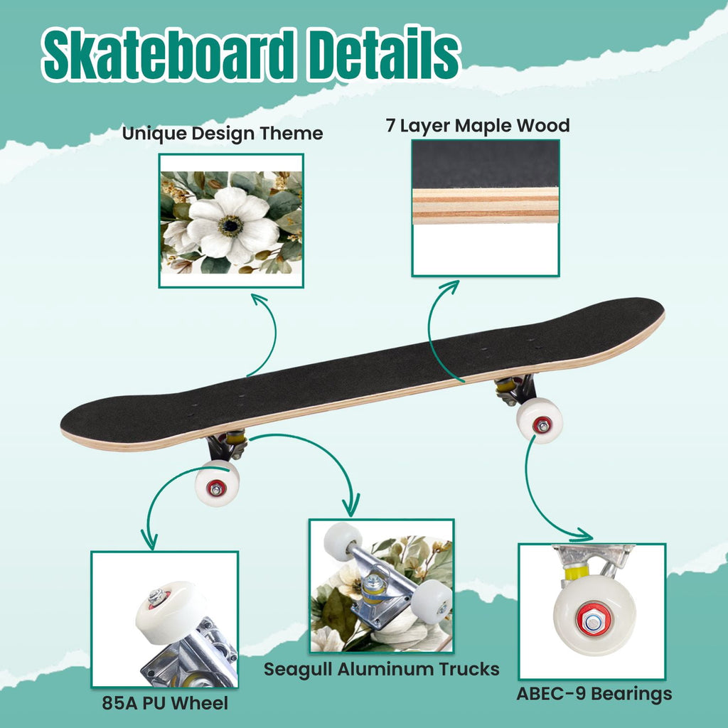 Vintage Damask Light Blue Brown Tones 31" x 8" Complete Skateboard, 7-Ply Canadian Maple Double Kick Trick Board for Kids and Beginners Adult Gifts