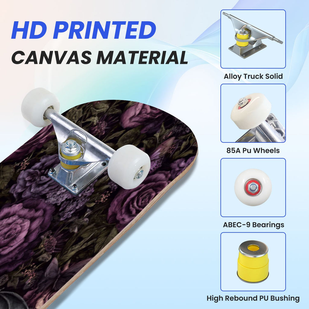 31"x8" Complete Skateboards for Beginners, Ethereal Night Garden Roses Starry Sky Dark Academia Double Kick 7 Ply Canadian Maple Deck Skateboard with Wheels, Gifts for Kids Teens