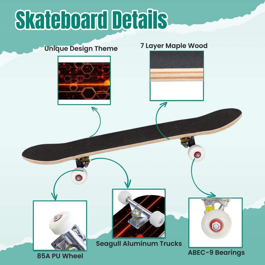 Glowing Futuristic Cubic Tunnel Metallic Tiles Bright Light 31" x 8" Complete Skateboard, 7-Ply Canadian Maple Double Kick Trick Board for Kids and Beginners Adult Gifts