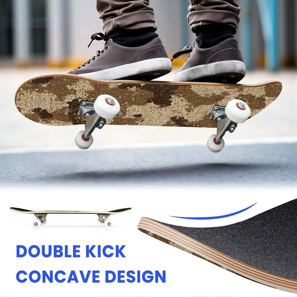 31"x8" Complete Skateboards for Beginners,Desert Camouflage Beige Tan Cream Organic Abstract Shapes Double Kick 7 Ply Canadian Maple Deck Skateboard with Wheels, Gifts for Kids Teens