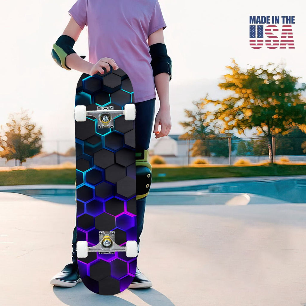 31"x8" Complete Skateboards for Beginners,Geometric Hexagon Glowing Neon Blue Purple Double Kick 7 Ply Canadian Maple Deck Skateboard with Wheels, Gifts for Kids Teens